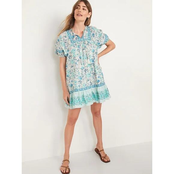 OLD NAVY Puff-Sleeve Printed Mini Swing Dress Blue Floral Boho Coastal Preppy L - Picture 1 of 12